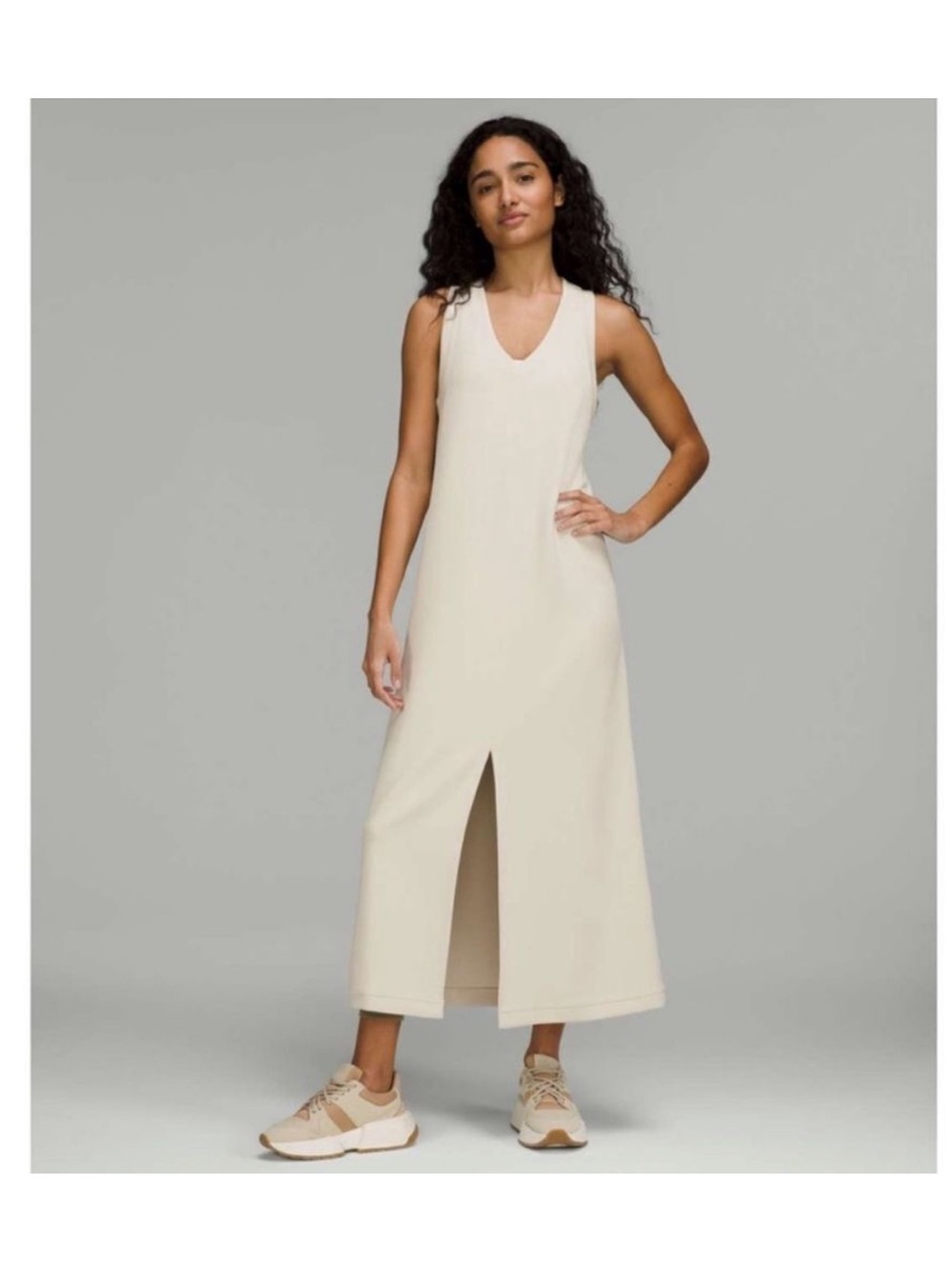 Lululemon Softstreme Ease of It All V-Neck Sleeveless Midi Dress in Cream Size 8